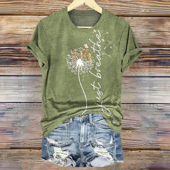Grünes Damen T-Shirt mit Löwenzahn-Print, lässig. Ideal für Freizeit und Alltag. Größen S-4XL.