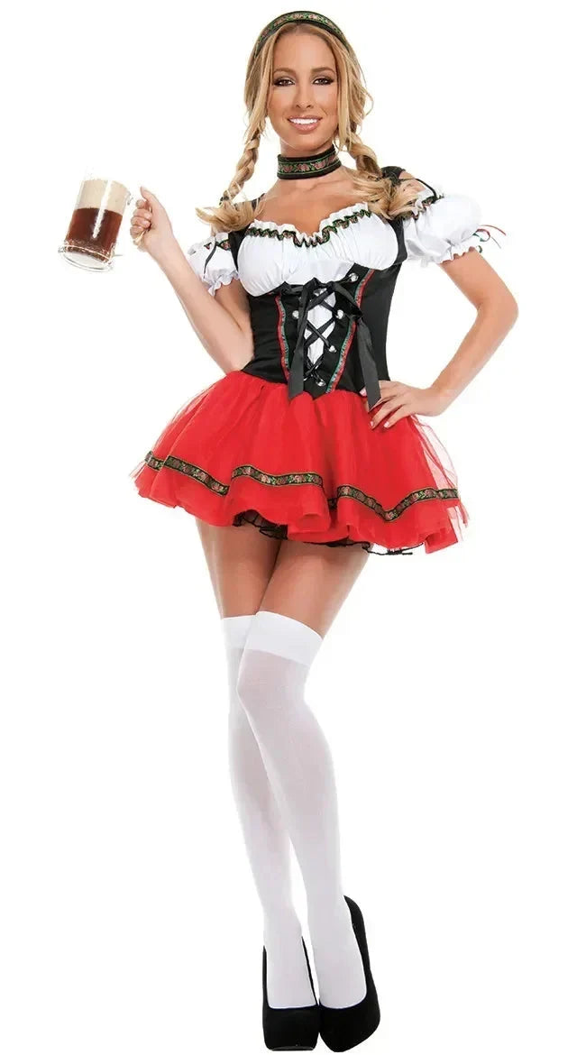 Rotes schulterfreies Damen Oktoberfest Dirndl Kostüm mit traditioneller Schnürung, perfekt für Volksfeste.
