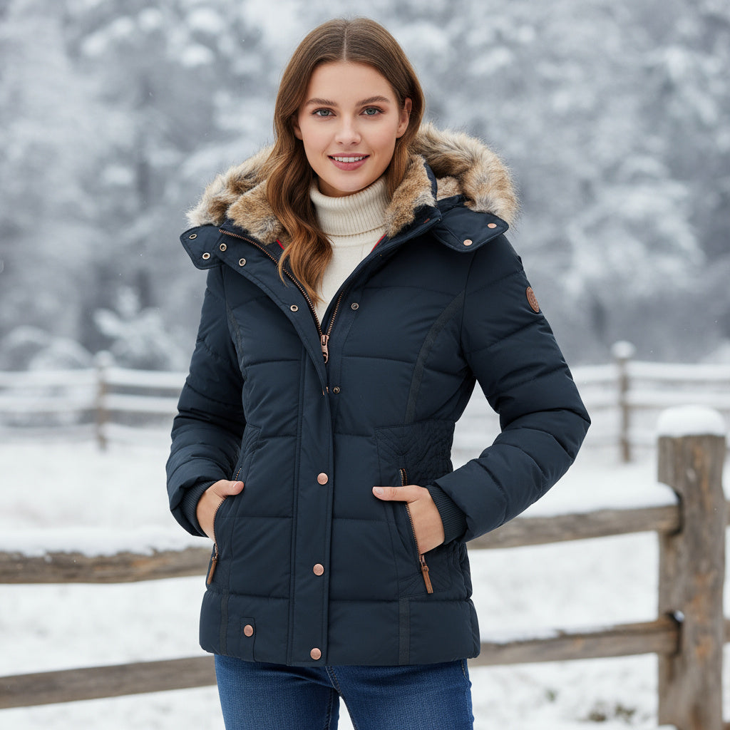 Stilvolle, moderne Damen-Winterjacke in Dunkelgrau. Lange Ärmel für eleganten Winter-Mode-Look.