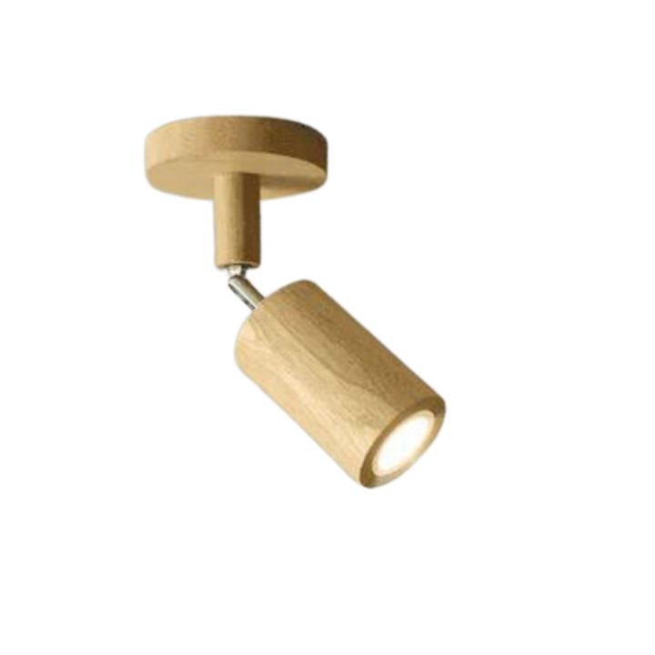 Holz-Deckenlampe mit modernen LED-Spots, flexibel schwenkbar.