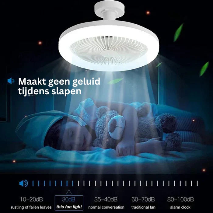 Flexibler Deckenventilator mit integrierter LED-Lampe, per Fernbedienung steuerbar. Schafft angenehmes Klima im Wohnraum.