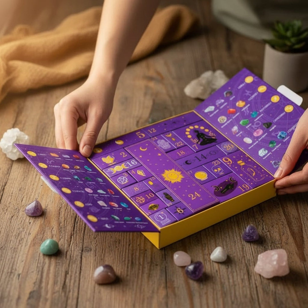 Festlicher lila Kristall-Adventskalender für Halloween, 31 Tage voller Edelstein-Überraschungen.