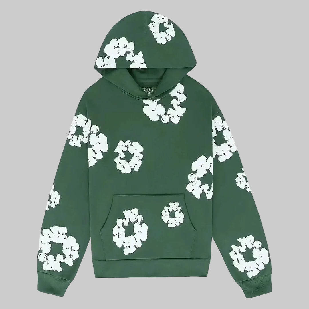 Moderner Damen Kapuzenpullover mit floralem Allover-Muster, vielseitig kombinierbar.