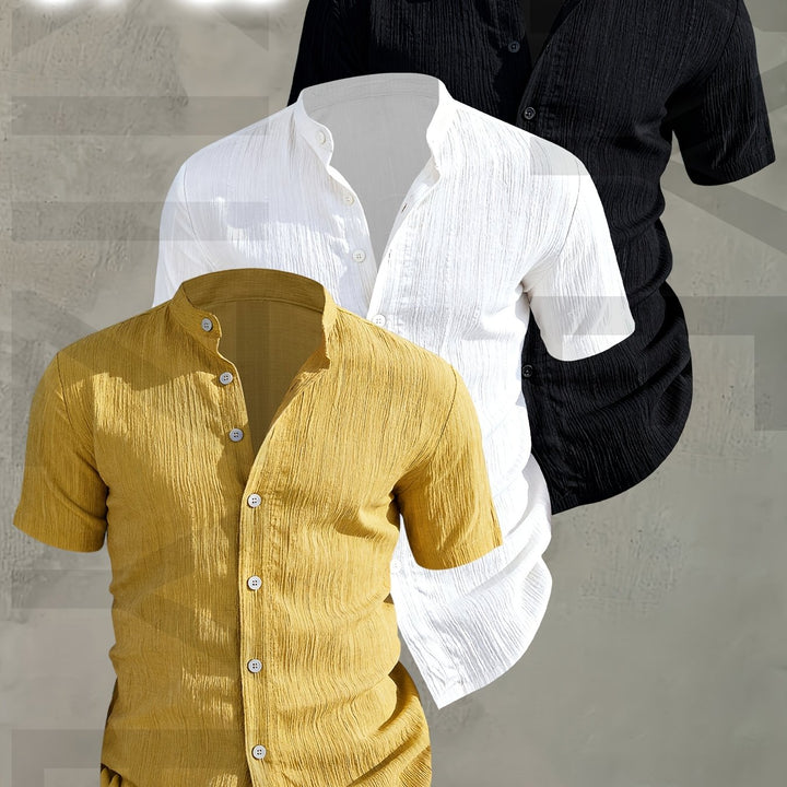 Modischer 3er-Pack Herren Stehkragenhemden, Kurzarm, perfekt für Business Casual Outfits.