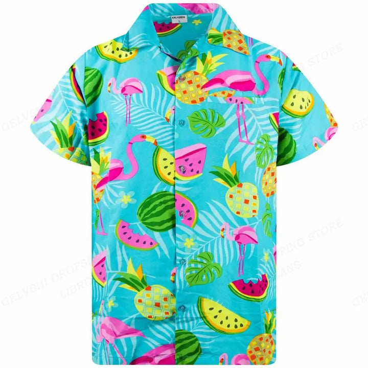 Lässiges Herren Kurzarmhemd mit einzigartigem 3D Flamingo Motiv; bequemes Freizeitoutfit.