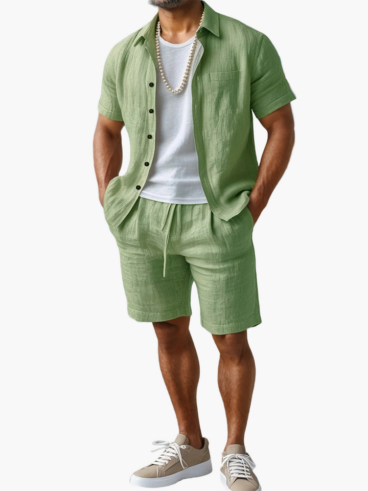 Vielseitiges Herren Leinen-Look Set. Kurzarmhemd & Shorts für Strand, Freizeit und entspannte Anlässe.