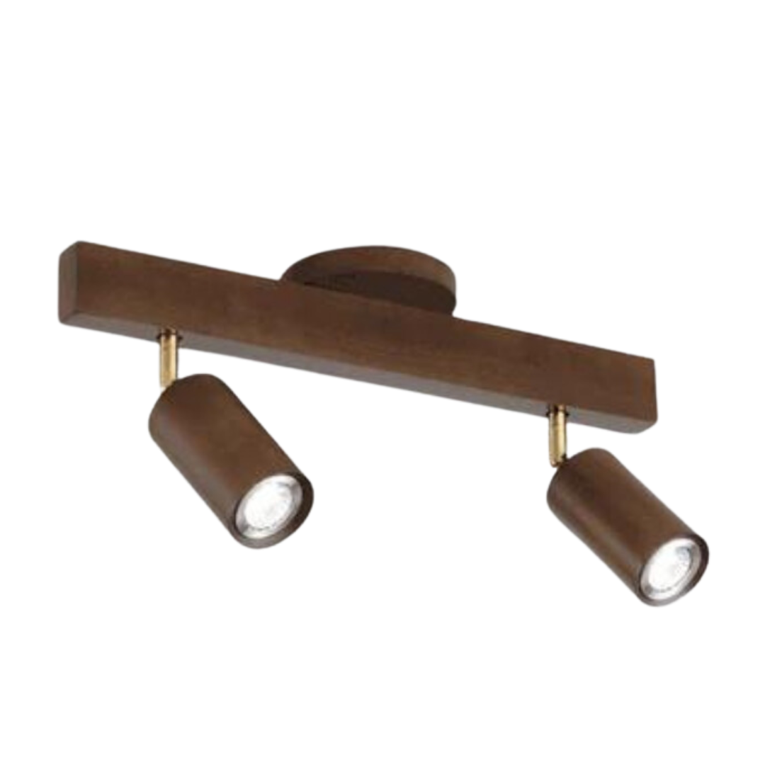 Holz-Deckenlampe mit verstellbaren LED-Spots, energieeffizient, stilvoll.