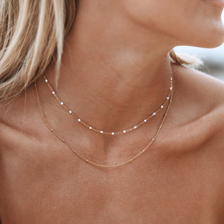 Gold Emaille Damen Layering Halskette, zweireihiger Choker, wasserfest, hochwertiger Edelstahl Schmuck.
