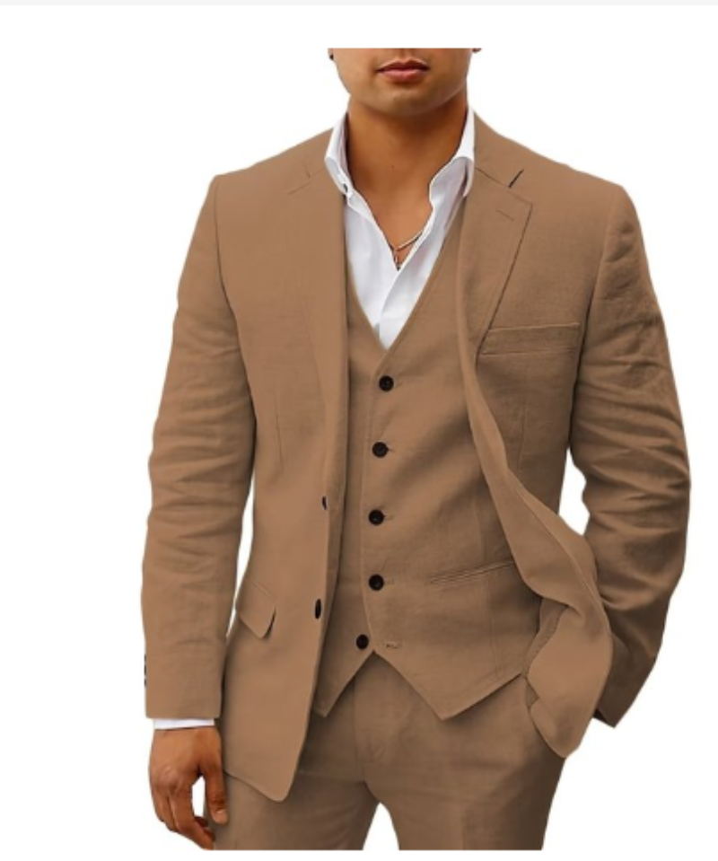 Beiger Herren Hochzeitsanzug 3-teilig, eleganter Slim Fit Sommeranzug für den Bräutigam.