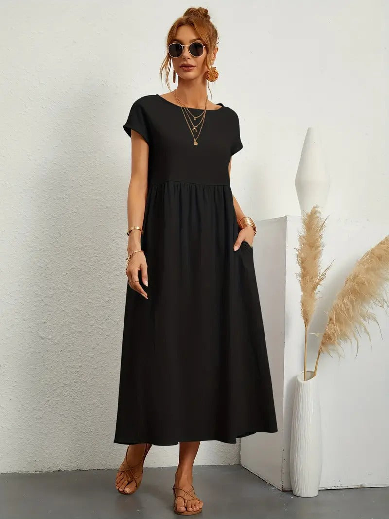 Bequemes Sommerkleid für Frauen, Midi-Länge, mit praktischen Seitentaschen.