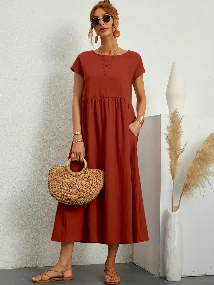 Trendiges Damen Sommer-Midikleid mit Taschen; elegantes Freizeitkleid für den Alltag.