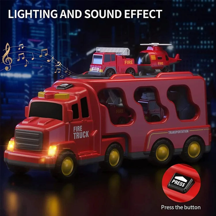 Vielseitiger Kinder-Transporter mit Platz für 6 Spielzeugautos, ausgestattet mit coolen Lichteffekten.