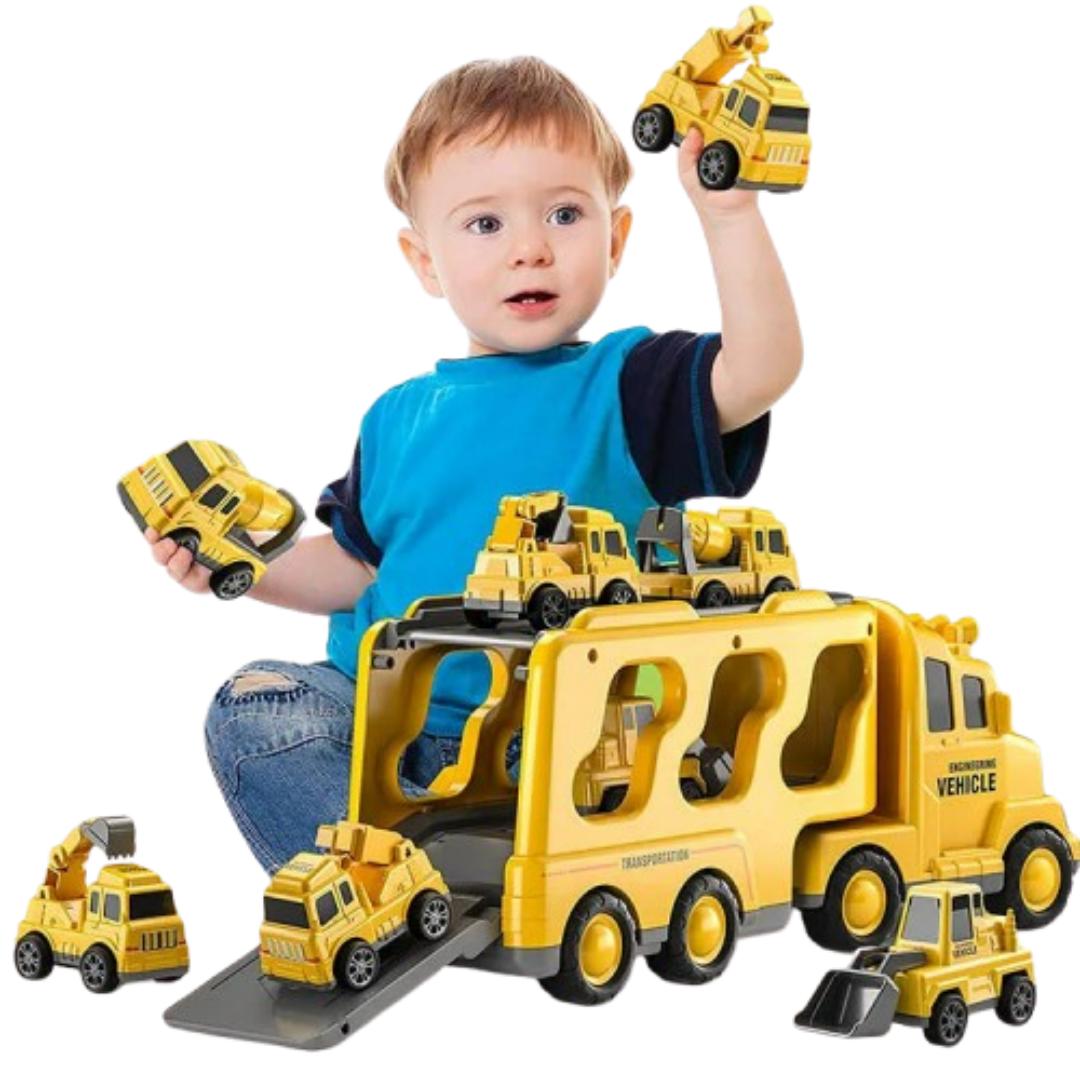 Großer Spielzeug-Transporter für Kinder mit Sound, Lichtern & 6 Fahrzeugen; ideal für Rollenspiele.