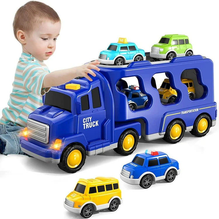 Großer Spielzeug-Transporter für Kinder mit Sound, Lichtern & 6 Miniautos für fantasievolles Spielen.