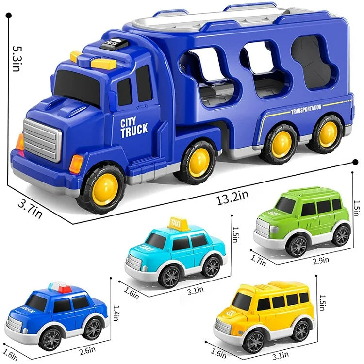 Kinder Spielzeug-Transporter mit aufklappbaren Seiten, Sound, Lichtern & bunten kleinen Fahrzeugen.