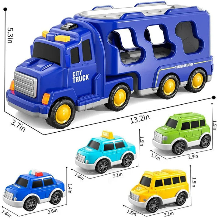 Kinder Spielzeug-Transporter mit aufklappbaren Seiten, Sound, Lichtern & bunten kleinen Fahrzeugen.