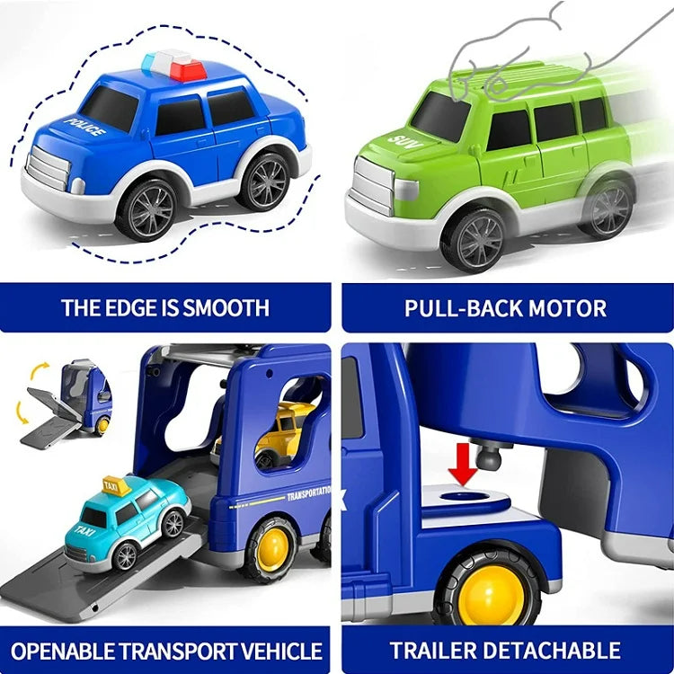Geschenkidee für Kinder: Spielzeug-Transporter mit Sound, Lichtern & farbigen Fahrzeugen für endlosen Spielspaß.