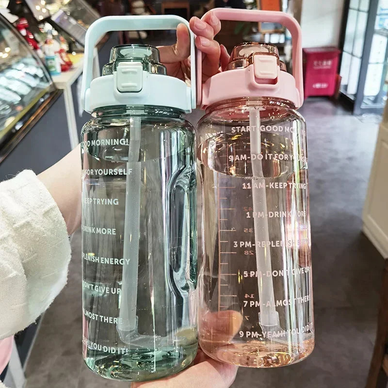 2 Liter BPA-freie Trinkflasche mit Strohhalm, Zeitmarkierung, ideal für Sport & tägliche Fitness.