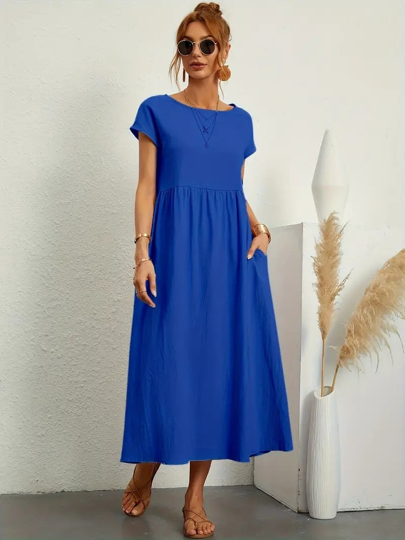 Feminines Damen Sommerkleid mit Taschen; elegantes Midikleid für viele Anlässe.
