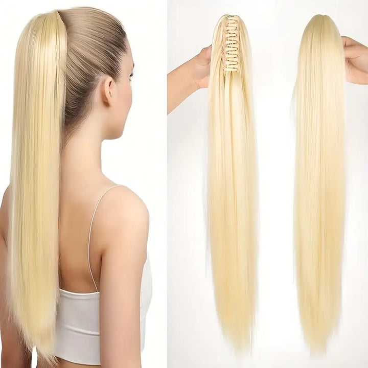 Braune Clip-in Haarverlängerung 55 cm, Kunsthaar Pferdeschwanz, natürlicher Look, leichtes Styling.