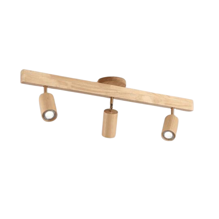 Deckenstrahler Holz, LED, warmweiß, richtbarer Lichtstrahl, Wohnzimmer.