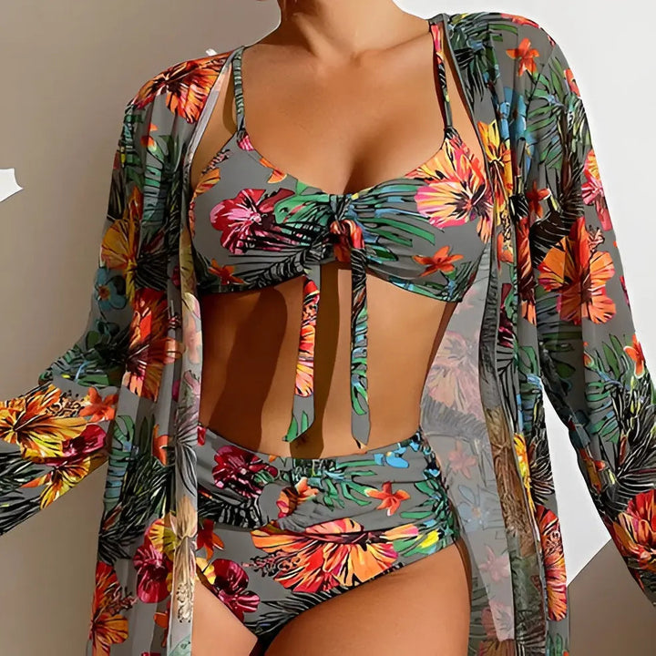 Vielseitiges Damen Bikini-Set, dreiteilig mit High-Waist Hose und elegantem Überwurf. Must-have für den Pool.