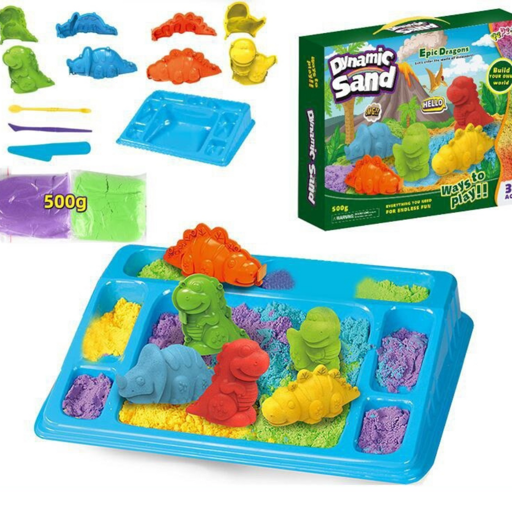 Kreatives Kinetischer Sand Spielset mit Dinosaurier-Formen für fantasievolles Kinderspielzeug. Fördert Feinmotorik.