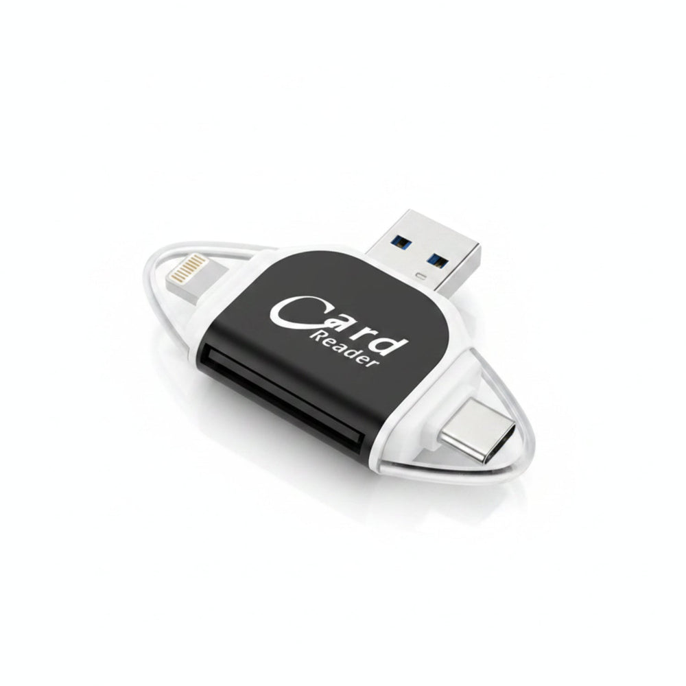 Tragbarer USB-Kartenleser mit 4 Steckplätzen für SD- und MicroSD-Karten. Ideal für unterwegs und Plug-and-Play.
