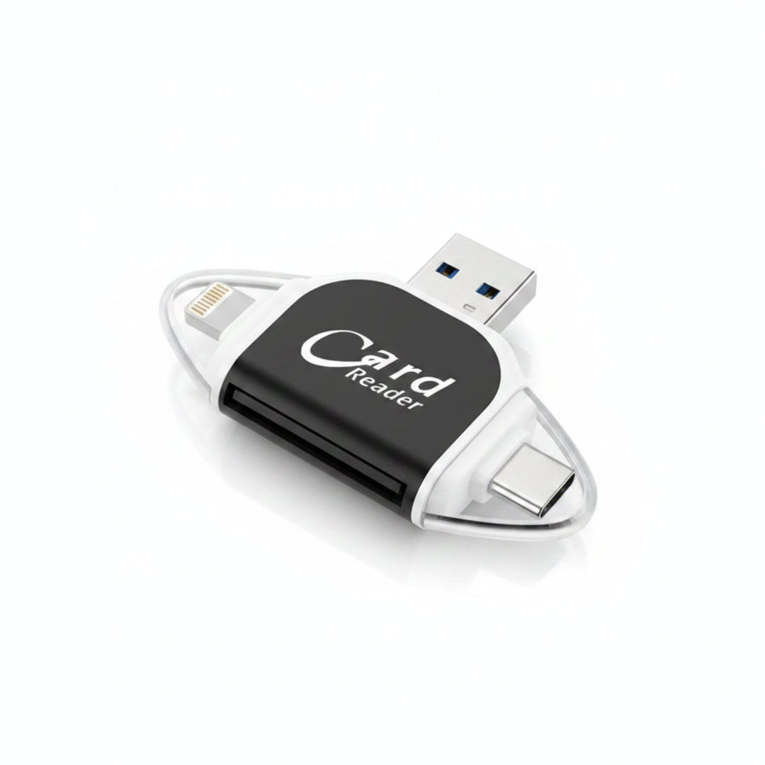 Tragbarer USB-Kartenleser mit 4 Steckplätzen für SD- und MicroSD-Karten. Ideal für unterwegs und Plug-and-Play.