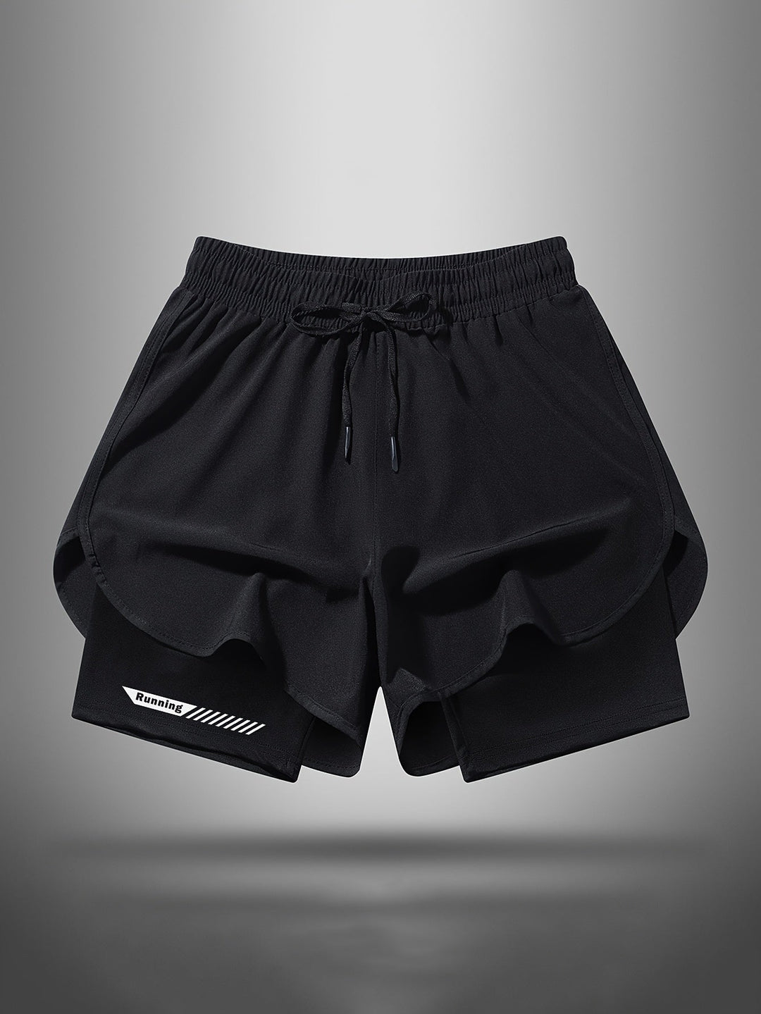 Reflektierende Herren 2-in-1 Laufshorts, perfekt für sicheres Laufen und Training bei Dämmerung.