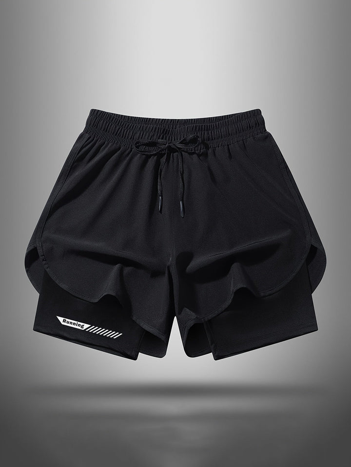 Reflektierende Herren 2-in-1 Laufshorts, perfekt für sicheres Laufen und Training bei Dämmerung.