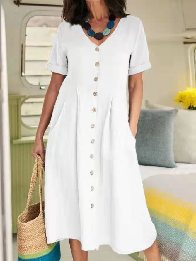 Sommerliches Damenkleid mit V-Ausschnitt und Knopfleiste. Ein vielseitiges Freizeitkleid für warme Tage.