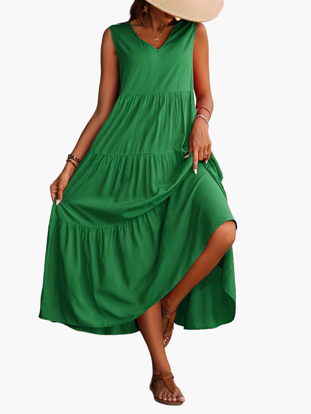 Vielseitiges Damen Sommerkleid, ärmellos, V-Ausschnitt, als Freizeitkleid, Strandkleid oder Partykleid geeignet.