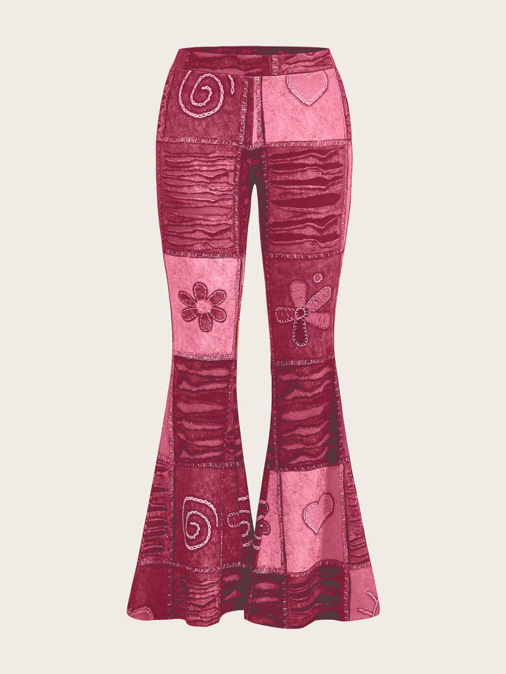 Damen Bootcut-Hose mit abstraktem Muster, figurschmeichelnder Schnitt, mittelhoher Bund. Modische Damenhose.