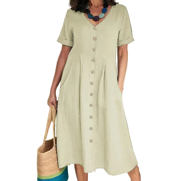 Vielseitiges Damen-Midi-Kleid, locker geschnitten, ideal für Strand und Stadtbummel.