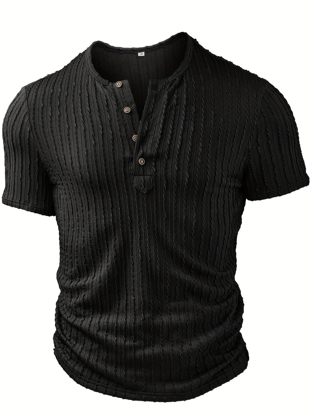 Modernes schwarzes Herren Henley T-Shirt für Freizeit und Alltag, kurzärmlig und bequem für den Sommer.