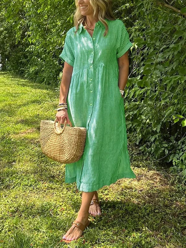 Modernes Damen Maxikleid mit Blusenkragen und Kurzarm, perfekt als elegantes Sommerkleid.