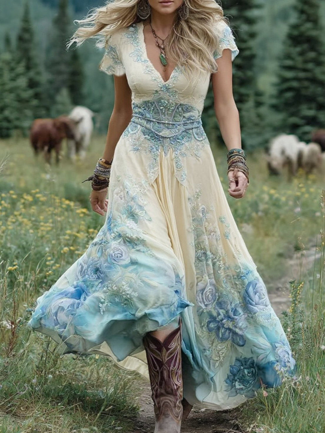 Schickes Damen Sommer Maxikleid mit zarter Blumenstickerei, V-Ausschnitt, perfekt als Freizeit- oder Festkleid.