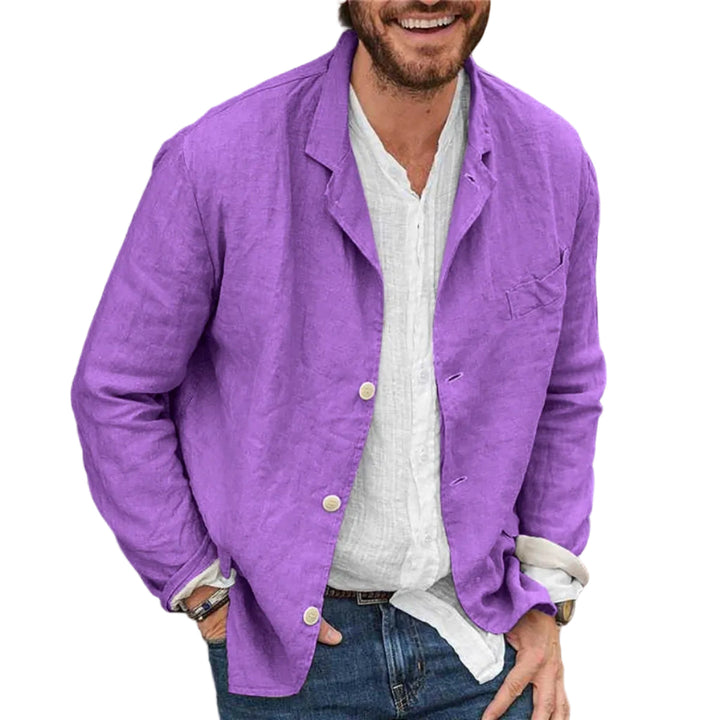 Klassische Herrenjacke mit Reverskragen in einfarbigem Design. Langarm-Freizeitjacke mit Knopfleiste.