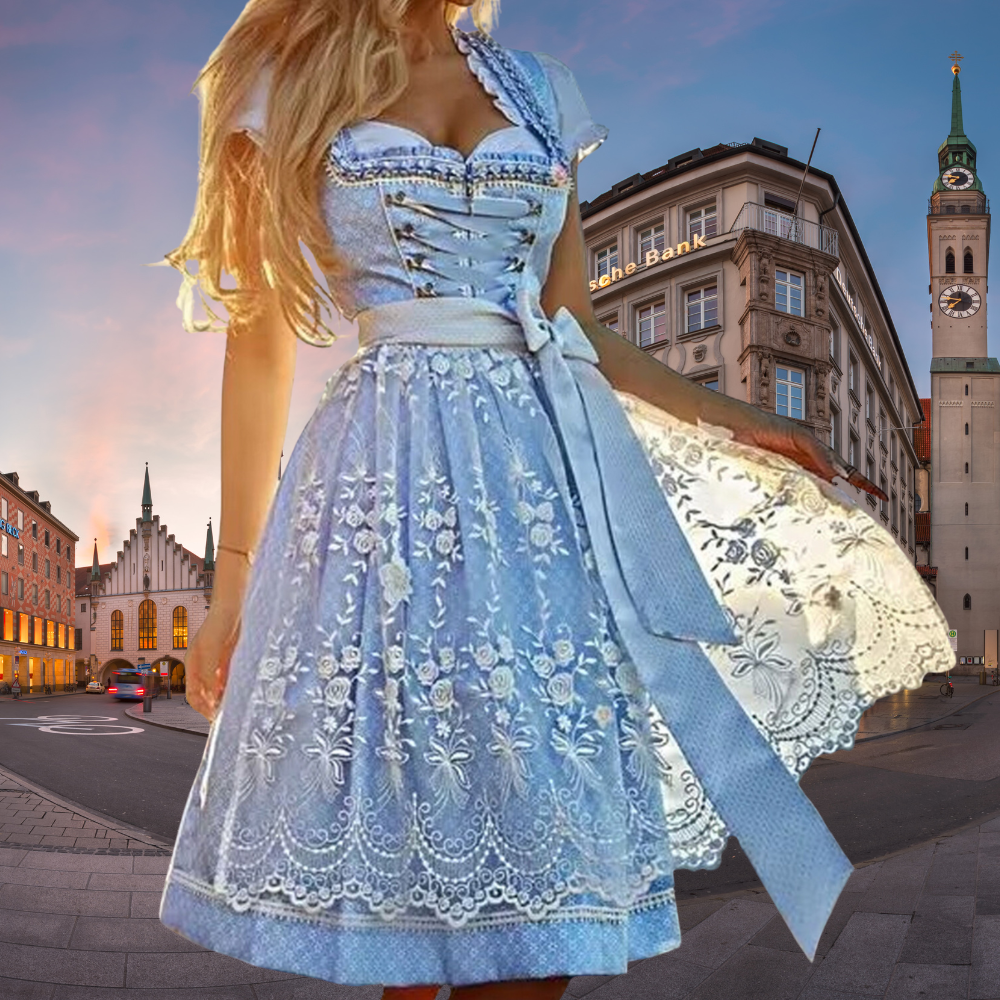 Elegantes hellblaues Damen Dirndlkleid mit feiner Spitze, perfekt für Oktoberfest & festliche Anlässe.