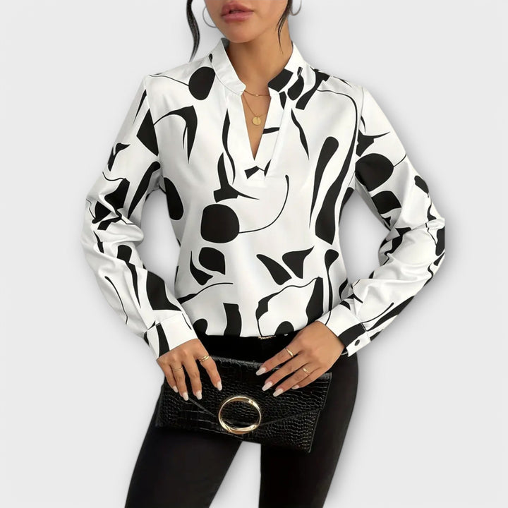 Geometrische Damenbluse mit V-Ausschnitt & Langarm. Stilvolles Frühling/Sommer/Herbst Oberteil, elegant & bequem.