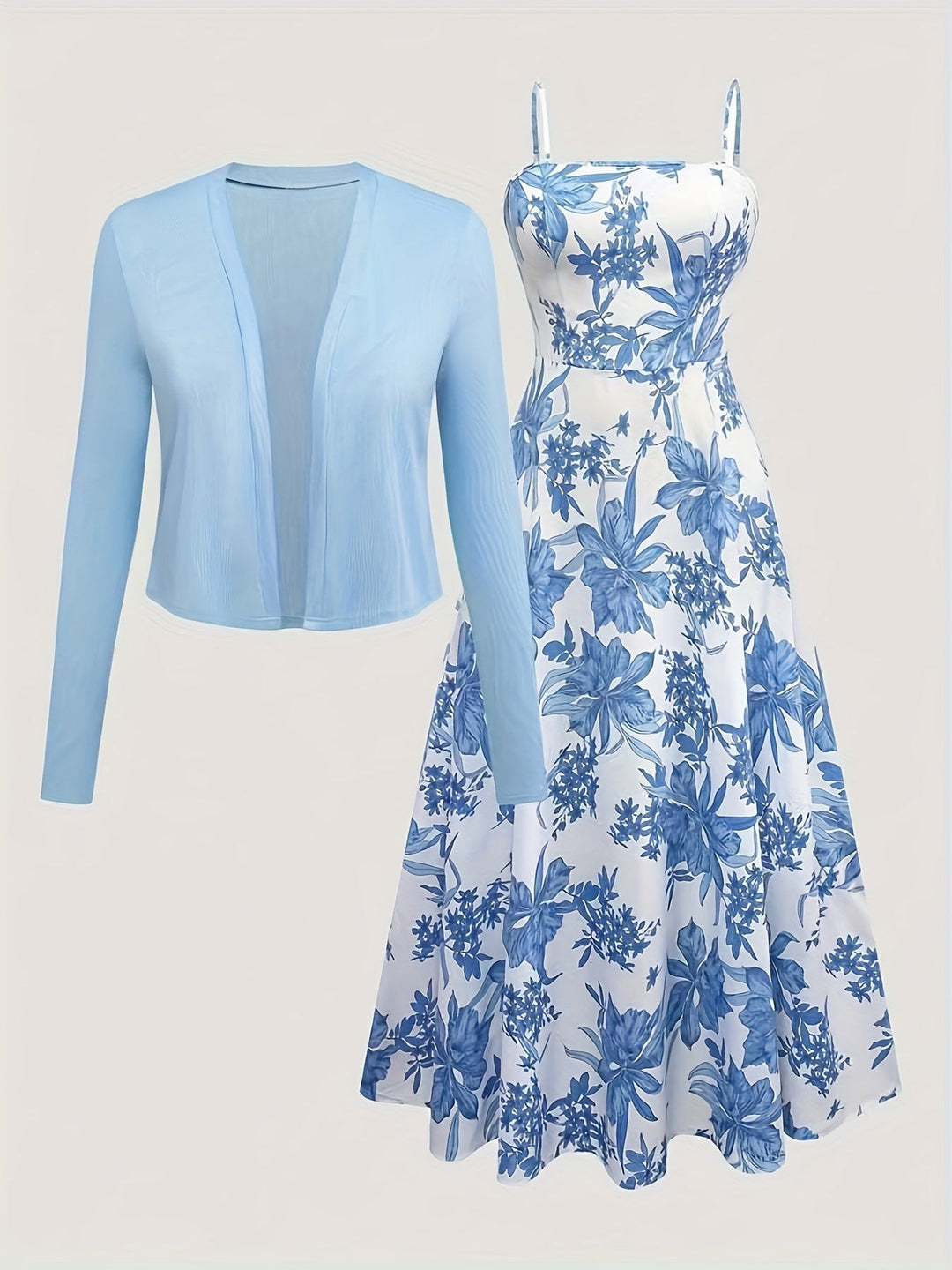Elegantes Damen Midikleid & Cardigan Set mit Blumenmuster. Perfekter Zweiteiler für Frühling & Sommer.