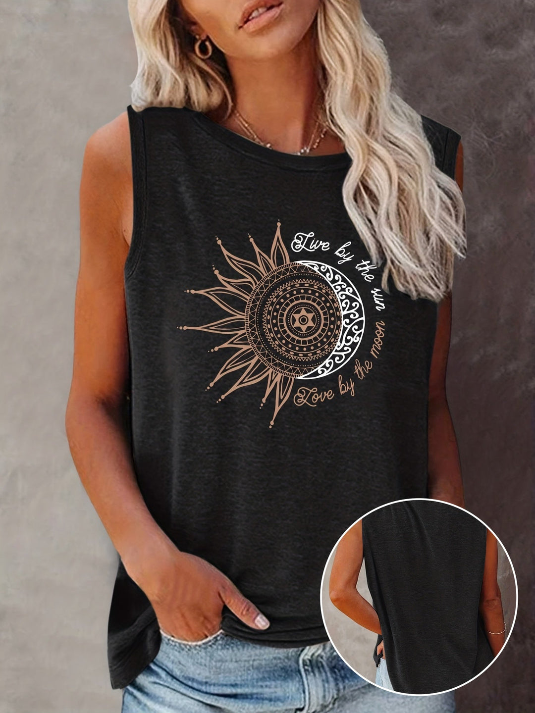 Damen Boho Tanktop mit Sonne-Mond Mandala Print, ärmellos, ideal für den Sommer.
