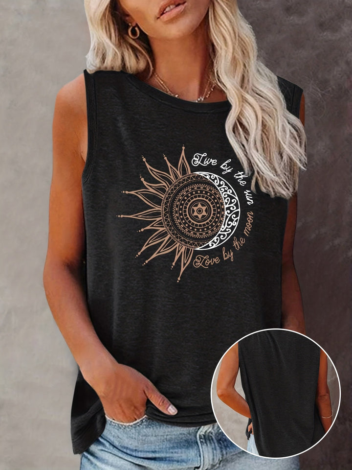 Damen Boho Tanktop mit Sonne-Mond Mandala Print, ärmellos, ideal für den Sommer.