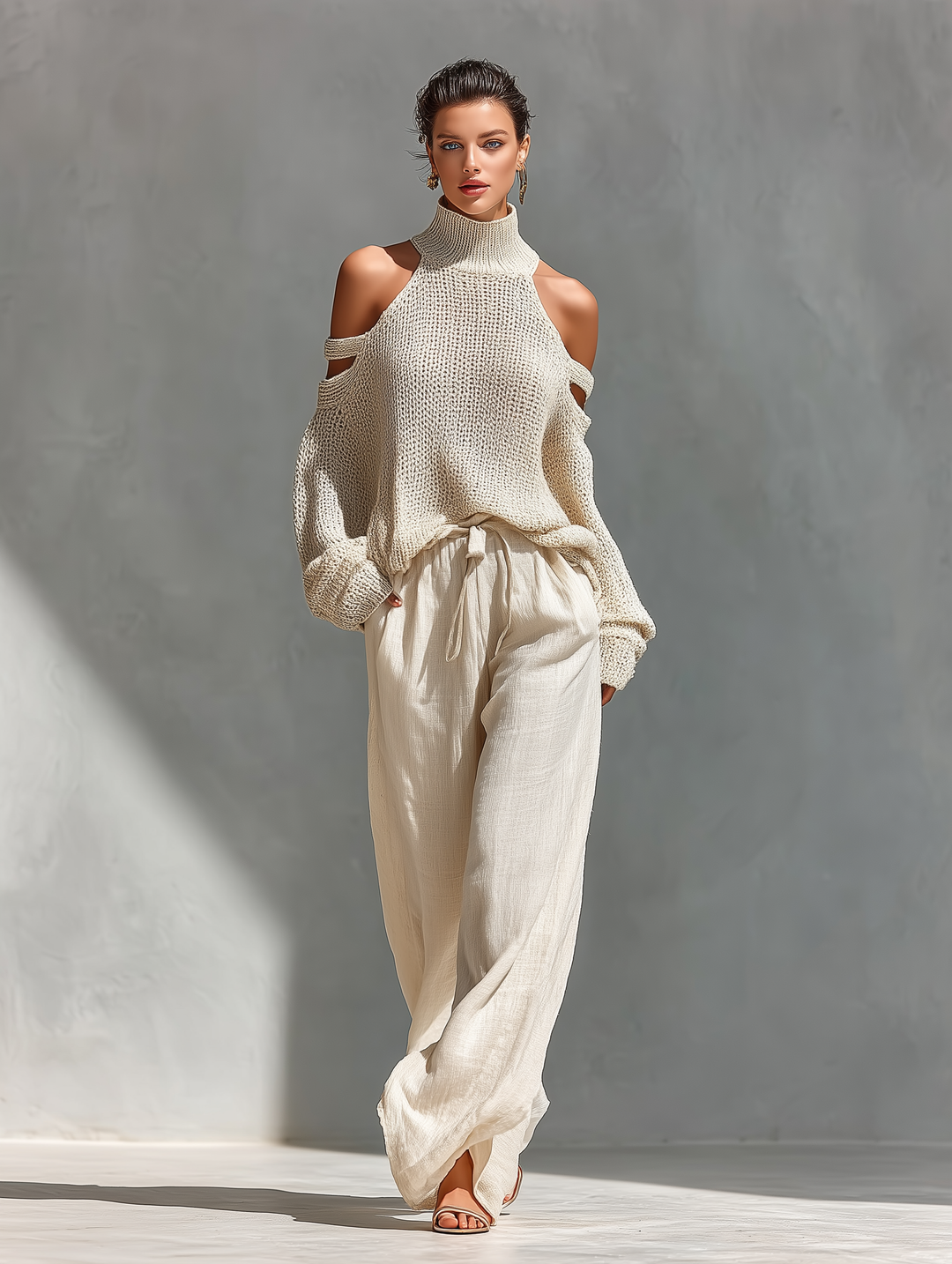 Stilvolles weisses Damen Off-Shoulder Zweiteiler-Set. Beinhaltet Turtleneck Top und weite Hosen für elegante Freizeit.