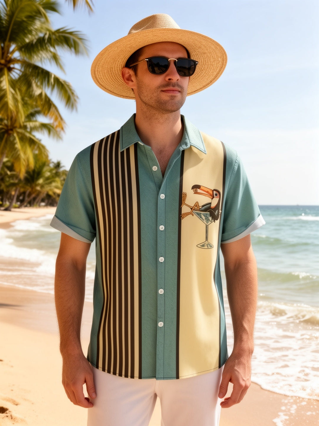 Lässiges Herren Retro Strandhemd mit tropischem Print & Streifen für den Sommerurlaub. Kurzarm Freizeithemd.