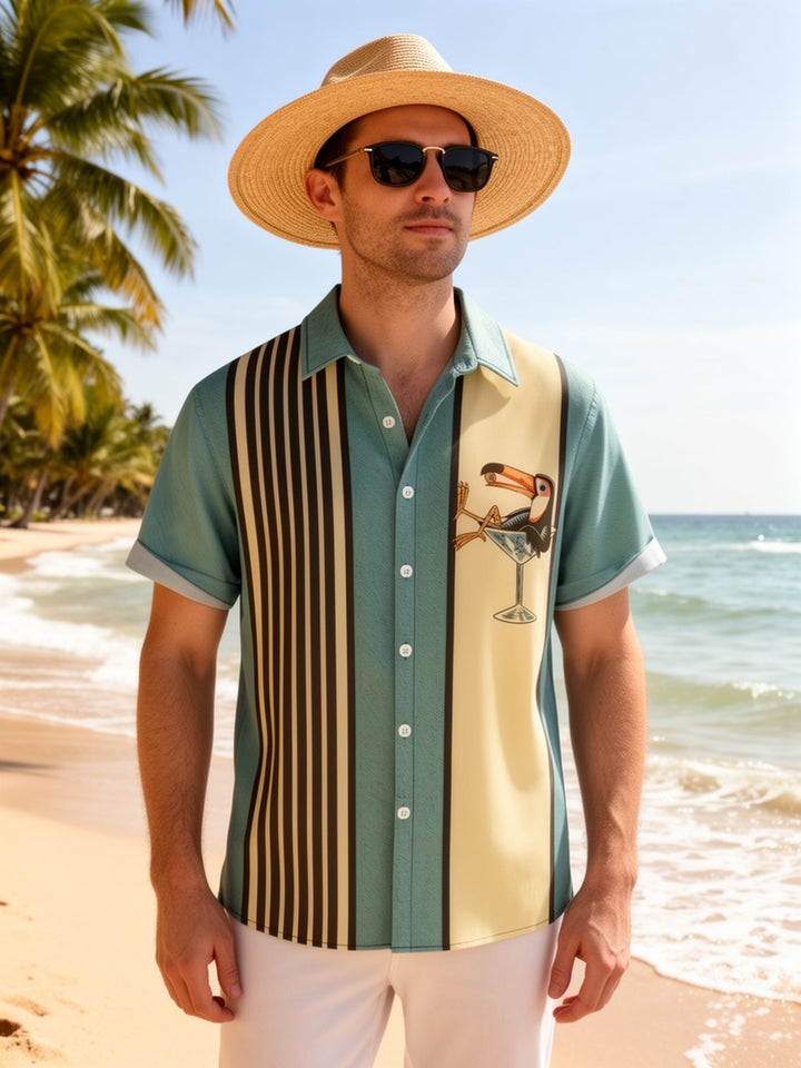 Lässiges Herren Retro Strandhemd mit tropischem Print & Streifen für den Sommerurlaub. Kurzarm Freizeithemd.
