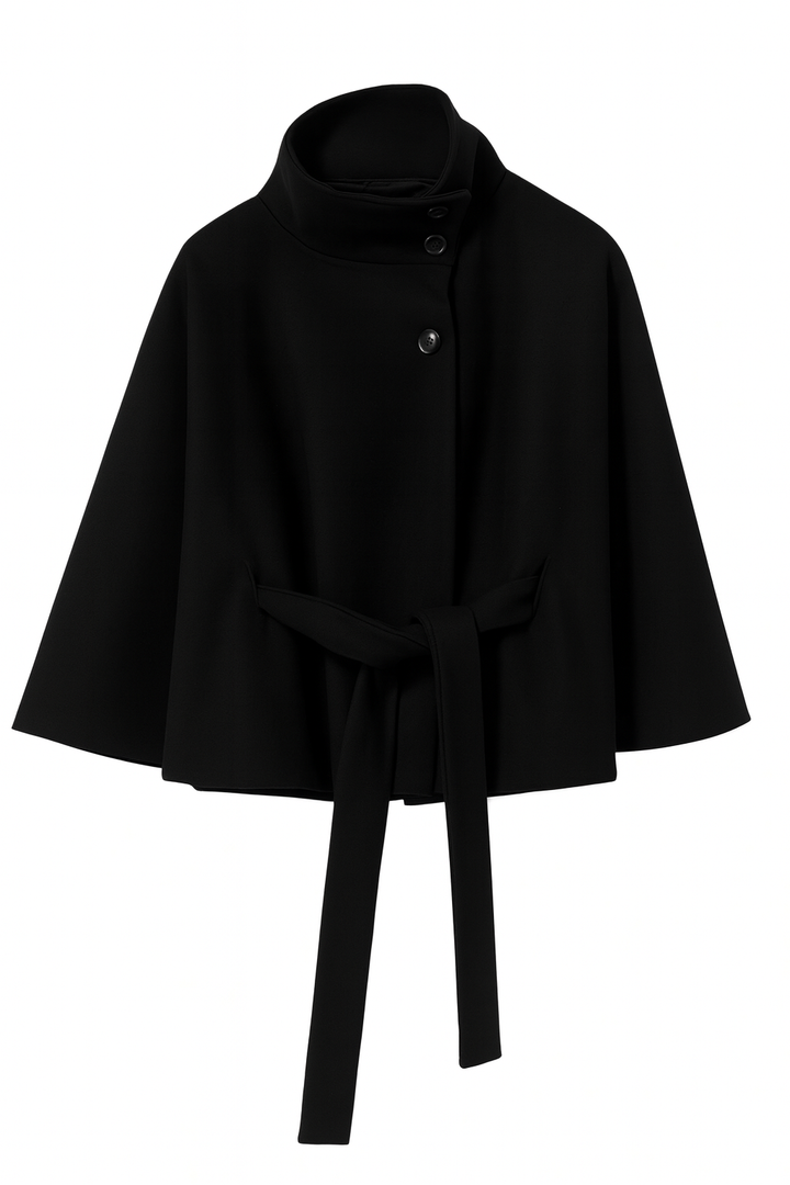 Damen Cape-Mantel für Herbst & Winter; eleganter Damenmantel mit weiten Ärmeln & hohem Kragen.