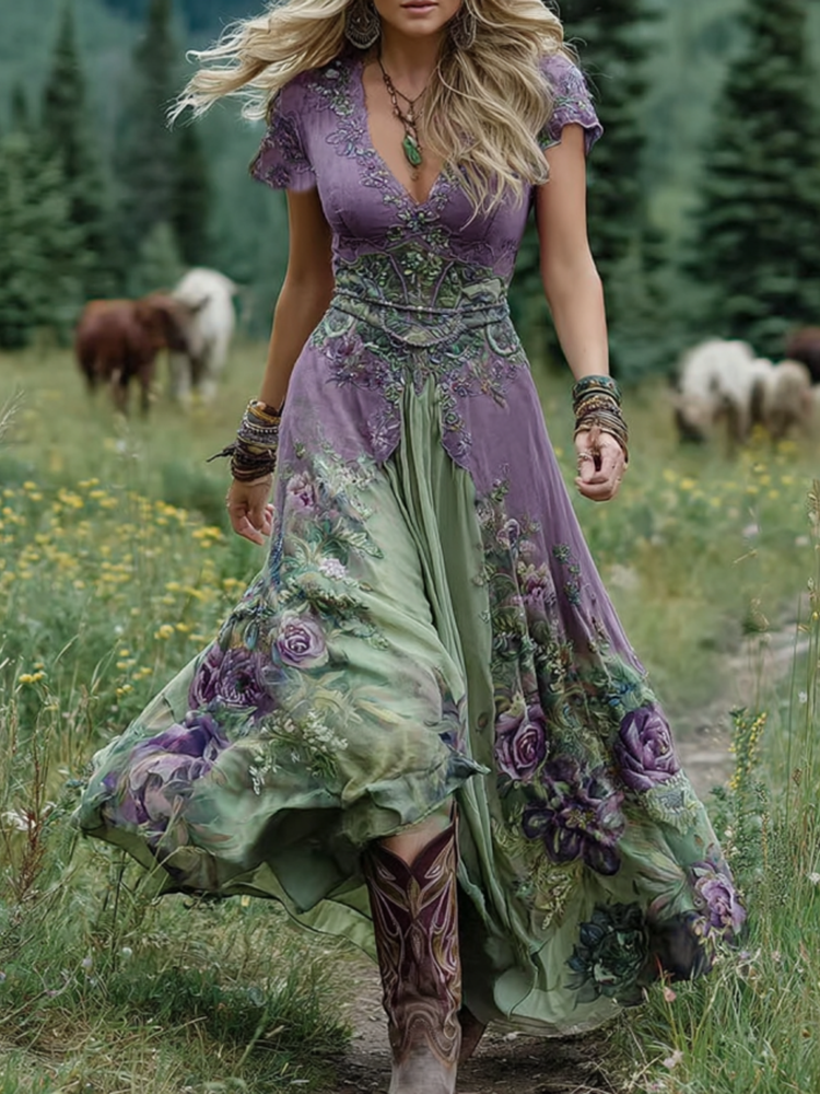 Elegantes Damen Maxikleid mit detaillierter Blumenstickerei und stilvollem V-Ausschnitt, ideal für Sommeranlässe.