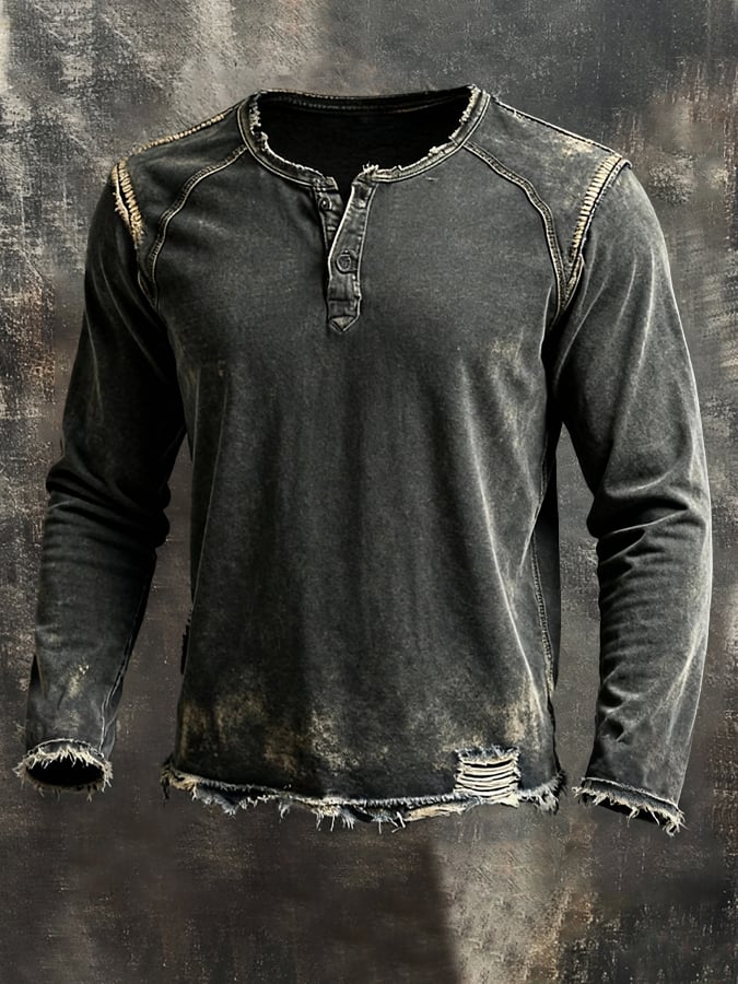 Bequemes Herren Langarmshirt, schwarz, im Vintage-Design. Atmungsaktives Freizeit-Oberteil für den Alltag.